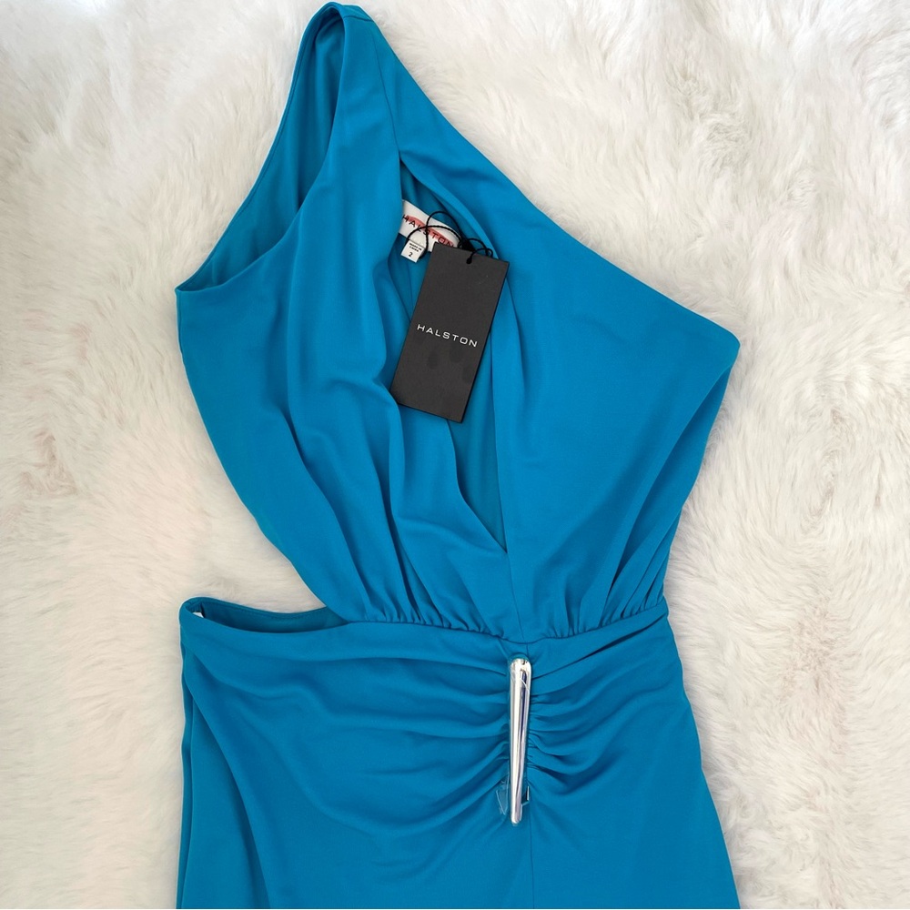 NWT Halston Ivanna Grecian Matte Jersey Aqua Turquoise Blue Formal Gown Dress - Picture 14 of 16
